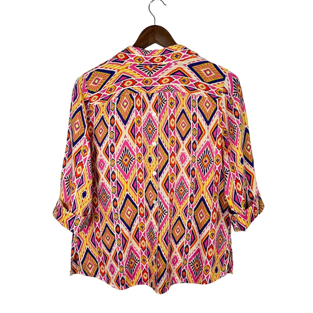 Chico's | Sz 0 Ikat 100% Linen Button-Back No Iron Colorful Button Up Shirt - Picture 5 of 14